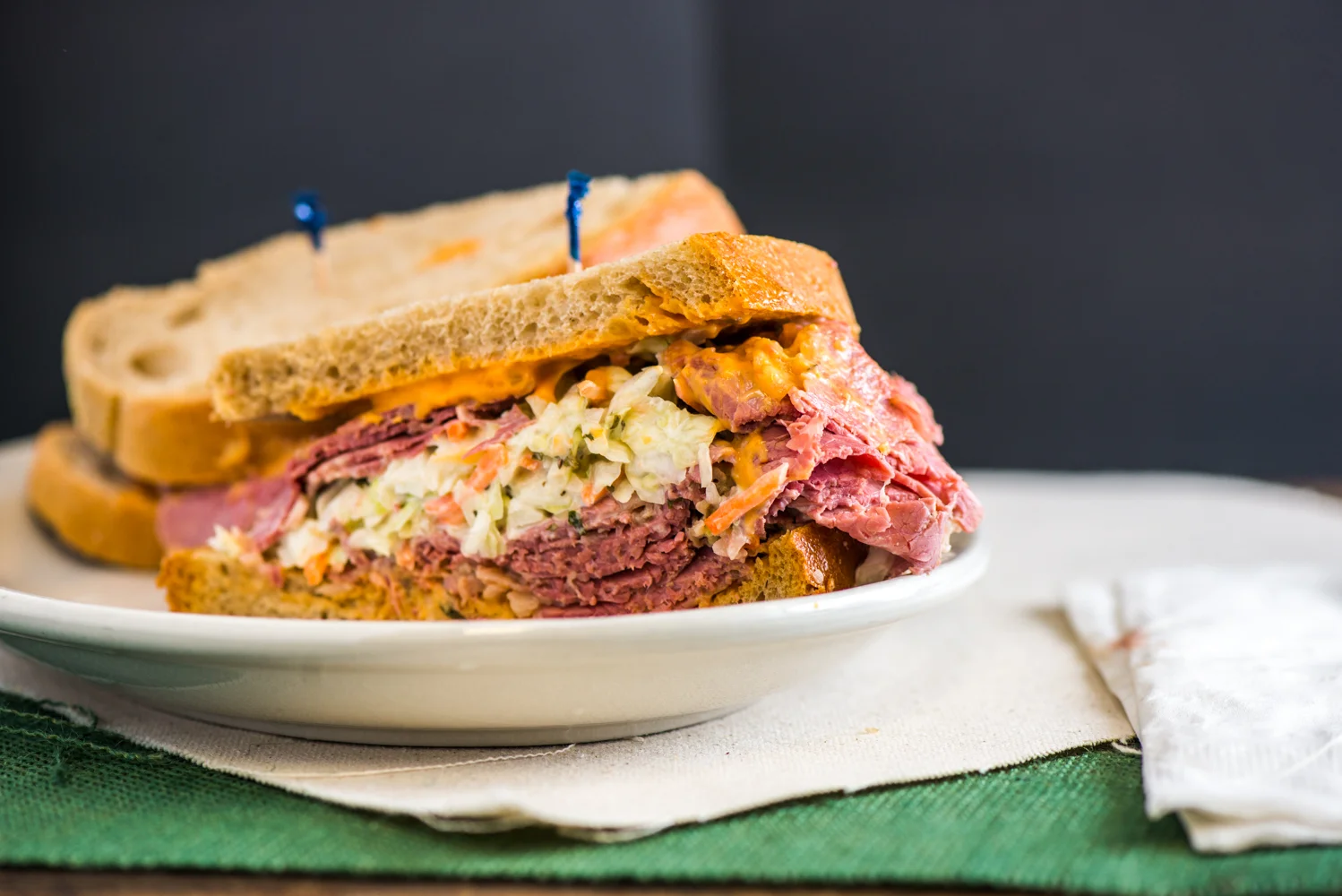 Classic Reuben sandwich with corned beef and coleslaw