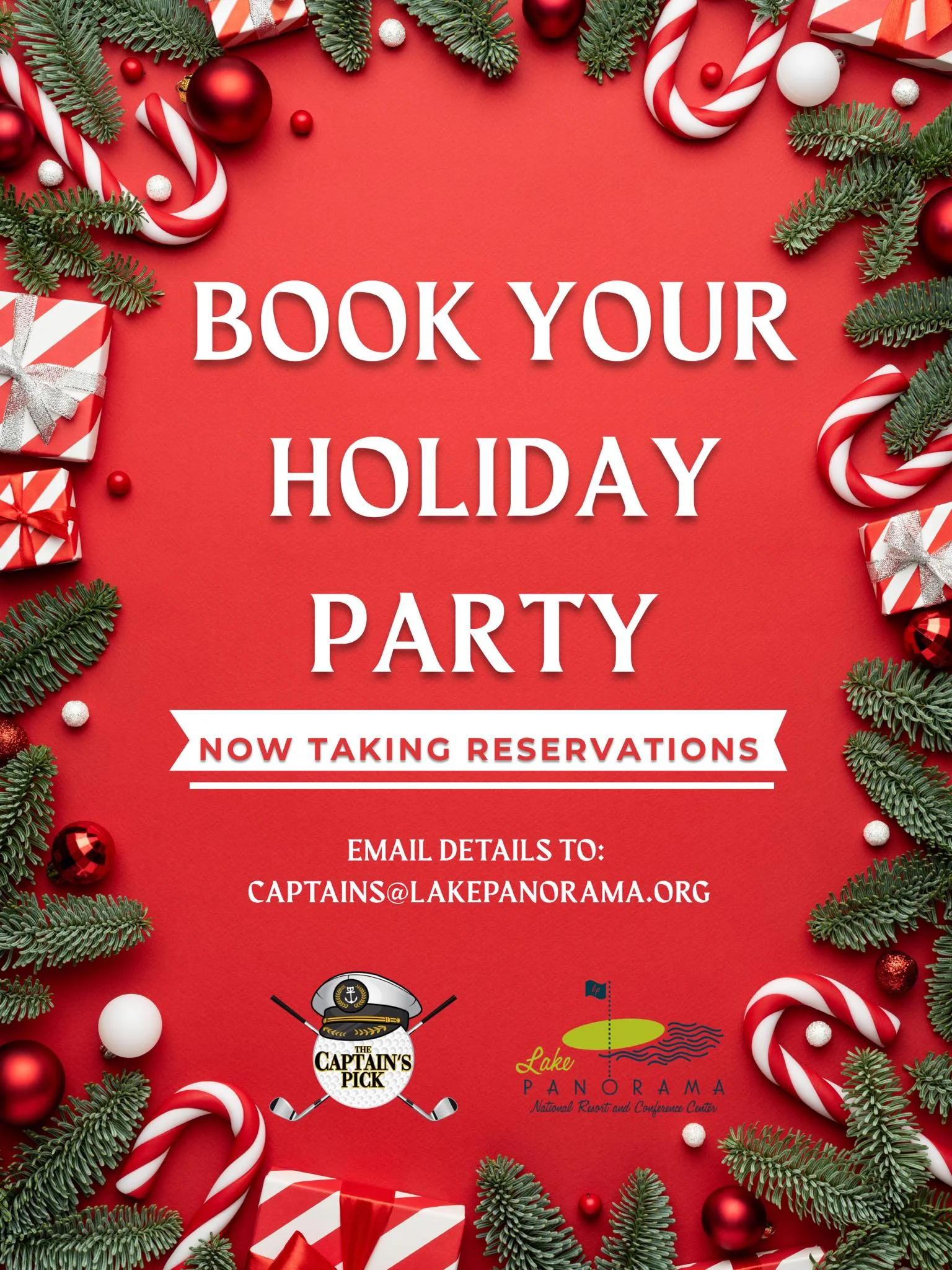 Holiday party reservation announcement with festive decorations