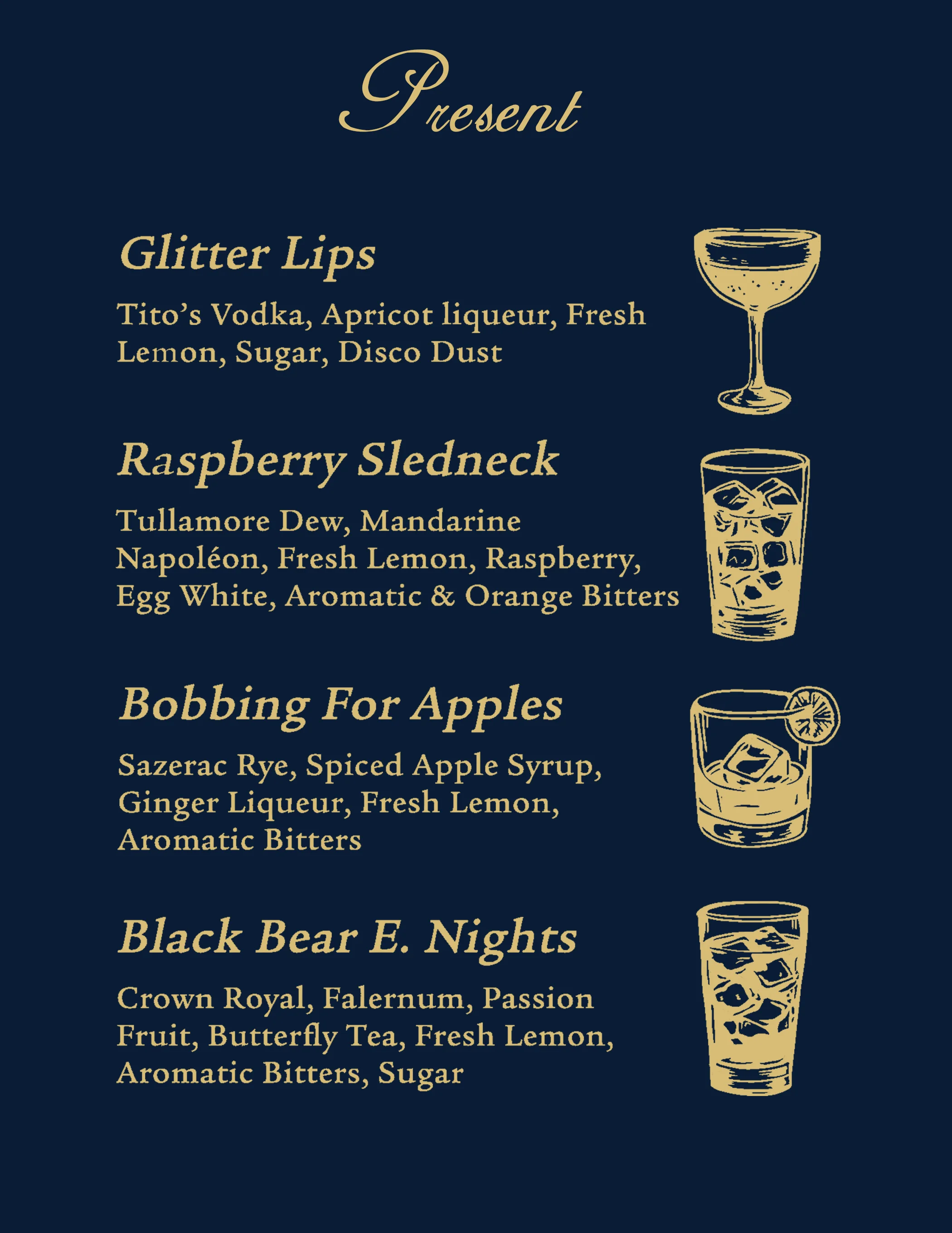 Cocktail menu featuring creative drinks at a modern bar