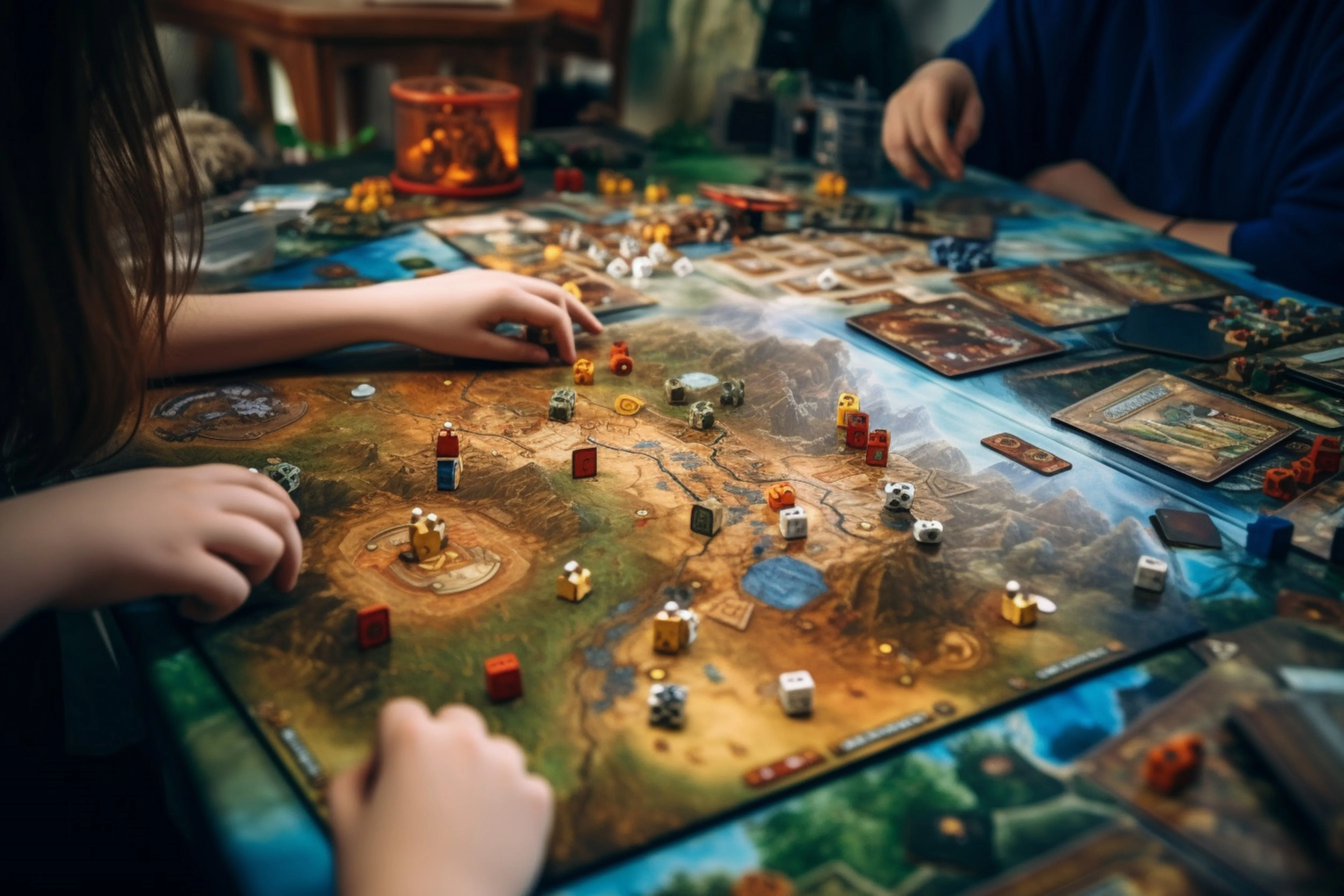 Players engaged in a board game with colorful pieces and strategy elements