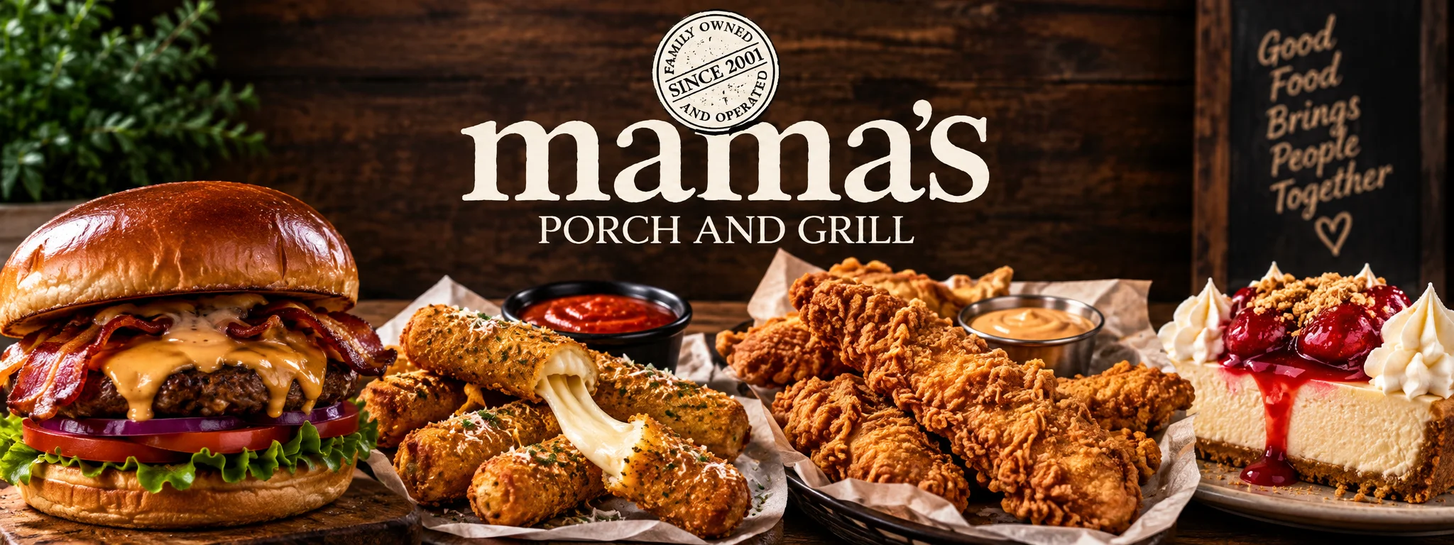 Restaurant spread with bacon cheeseburger, fried chicken, mozzarella sticks and cheesecake