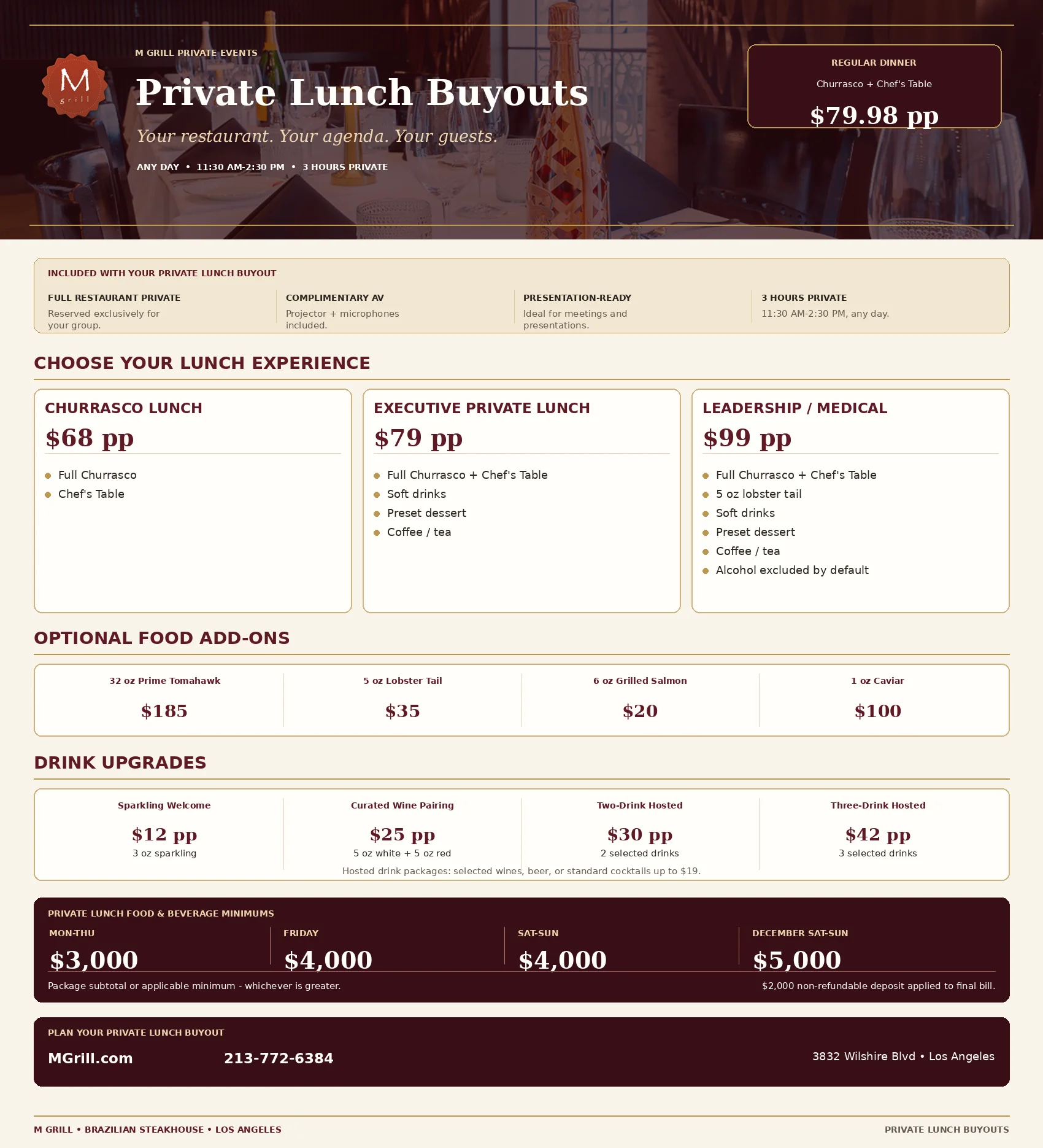 Elegant restaurant interior for private lunch buyouts with warm lighting and decor