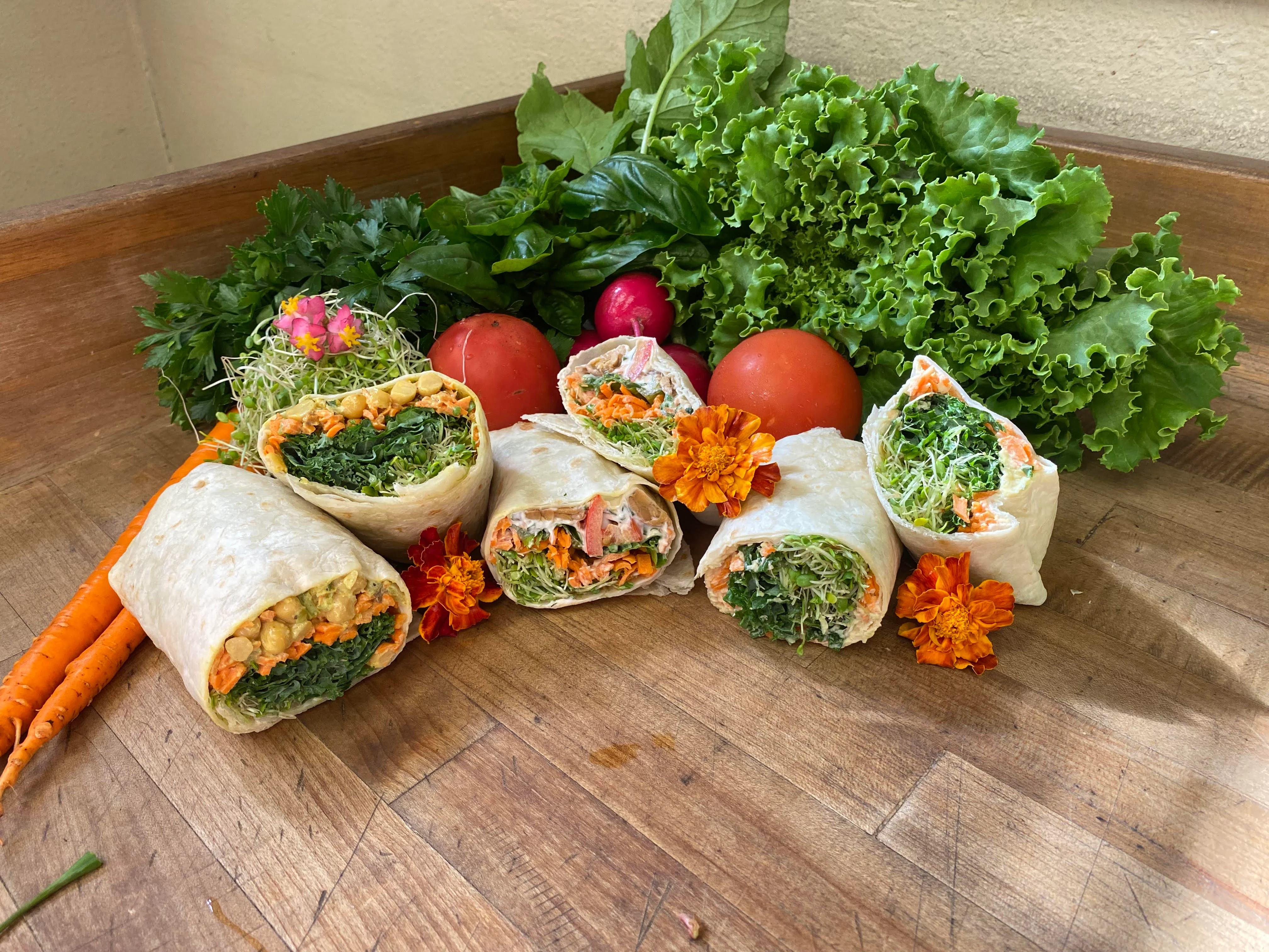 Fresh vegetarian wraps with greens and colorful vegetables