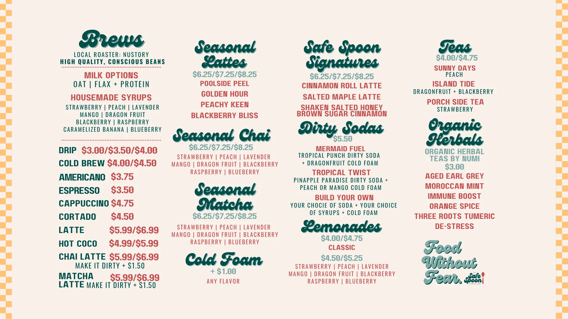 Coffee menu featuring seasonal lattes and herbal teas