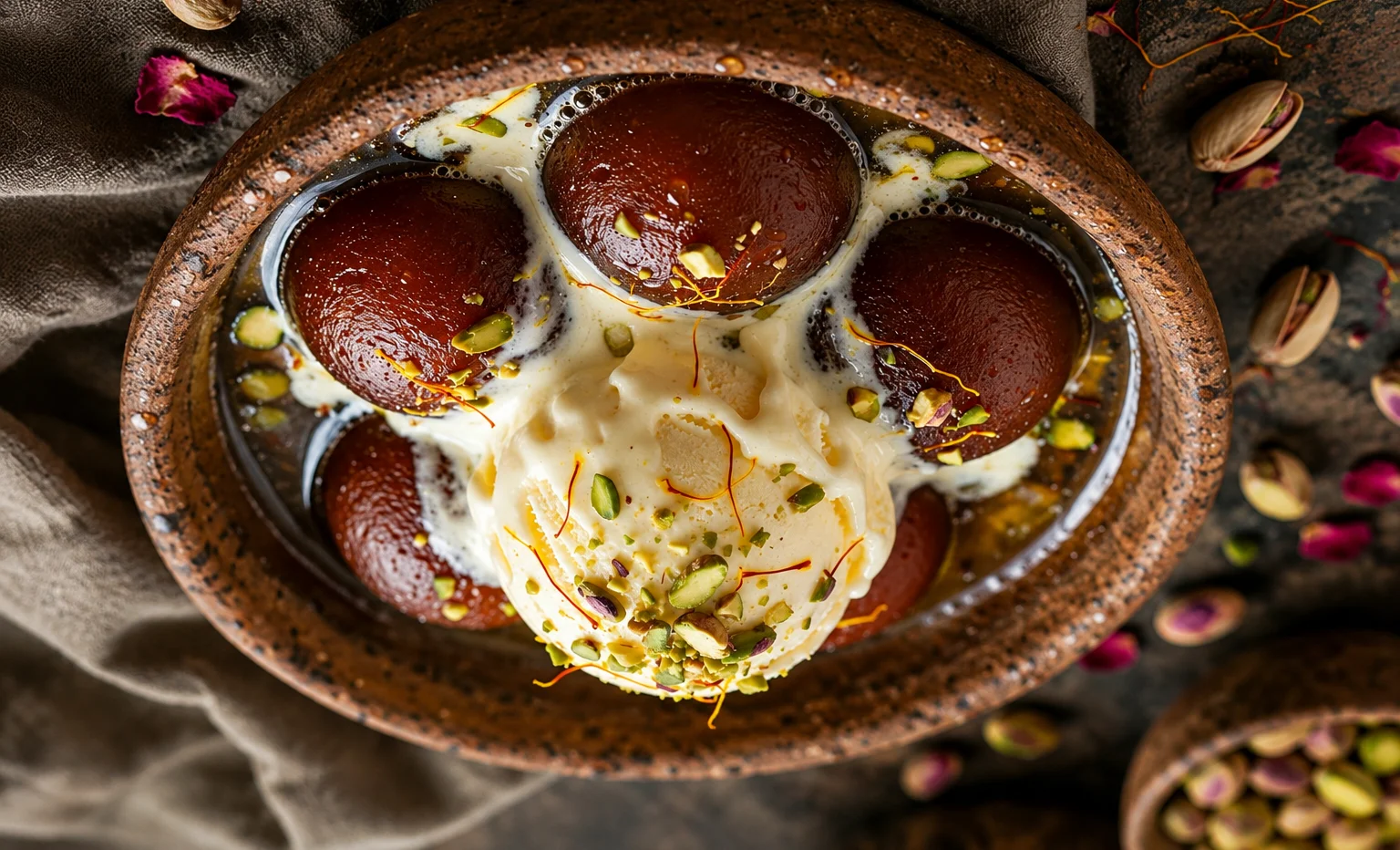 Delicious Indian gulab jamun with ice cream and pistachios