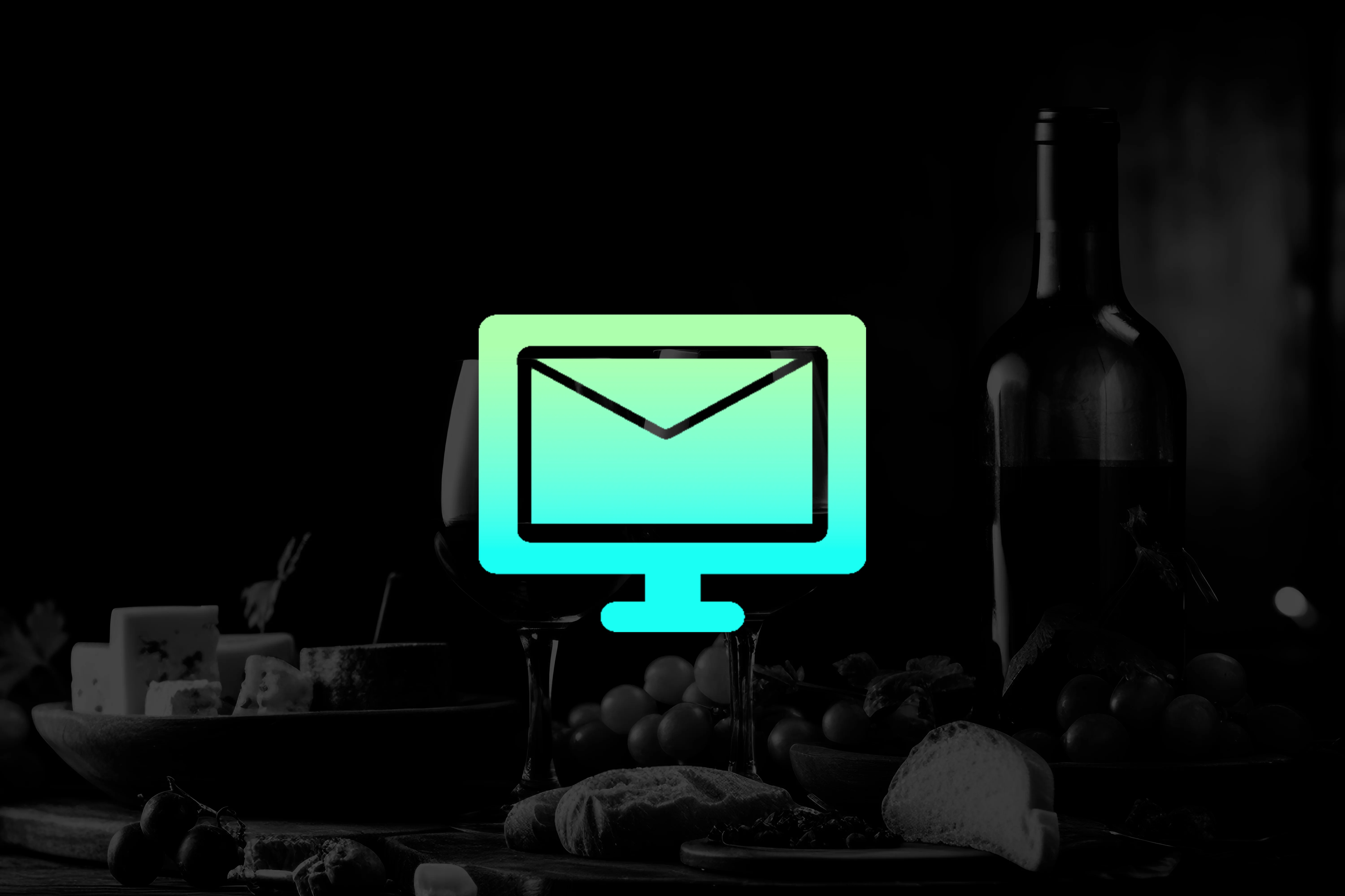 Stylish graphic of a computer screen with email icon over a dining setting