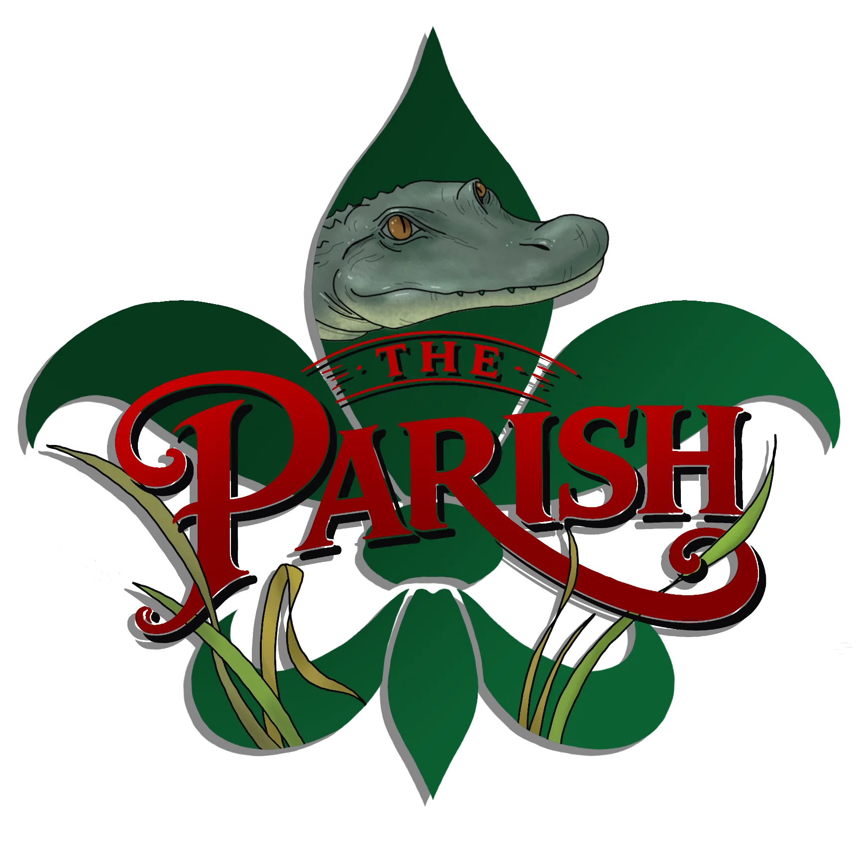 Logo of The Parish featuring an alligator and a green fleur-de-lis design.