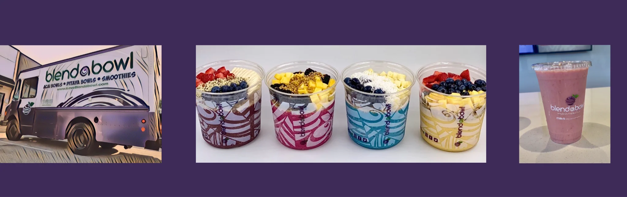 Photo banner of a food truck sketch, 4 acai fruit bowls and a smoothie