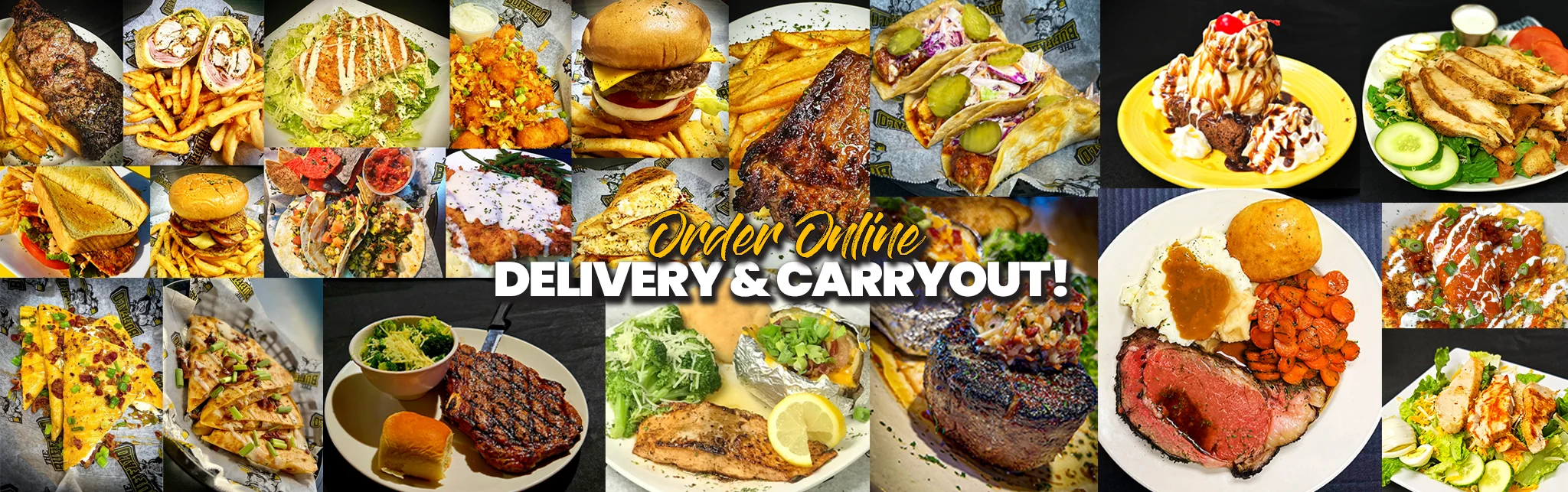 Variety of American comfort food dishes including burgers and steak