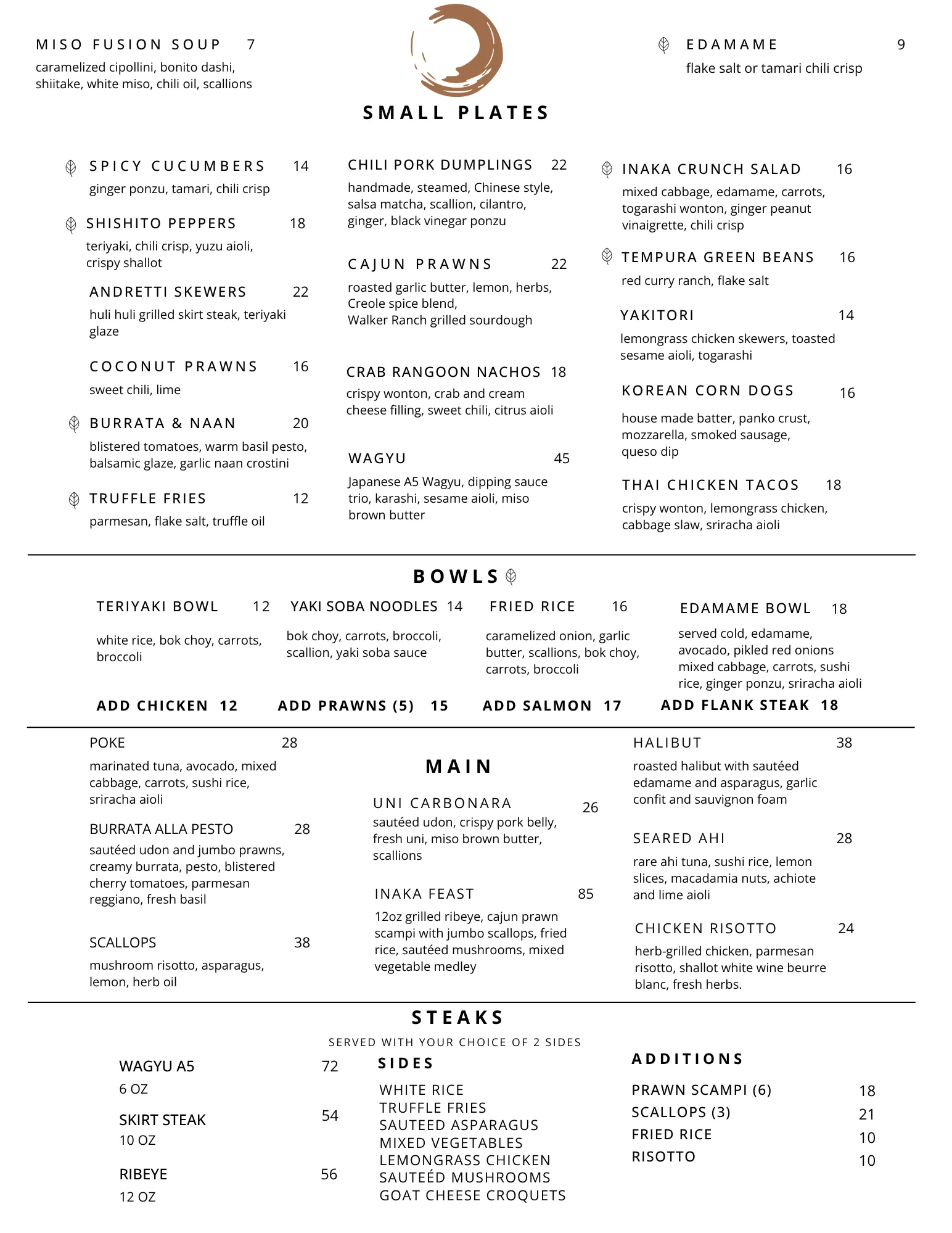 Diverse menu featuring Asian fusion dishes and gourmet small plates
