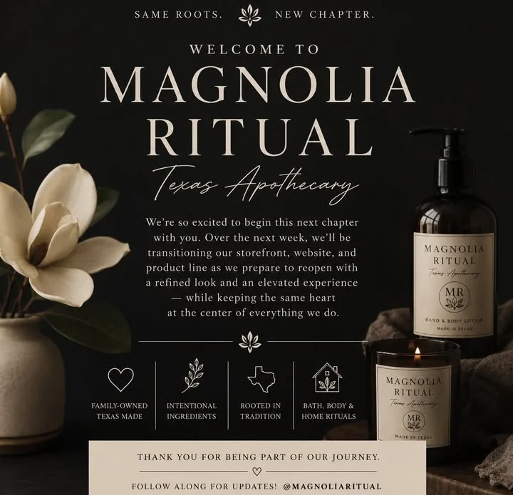 Welcome to Magnolia Ritual Texas Apothecary announcement with products displayed.