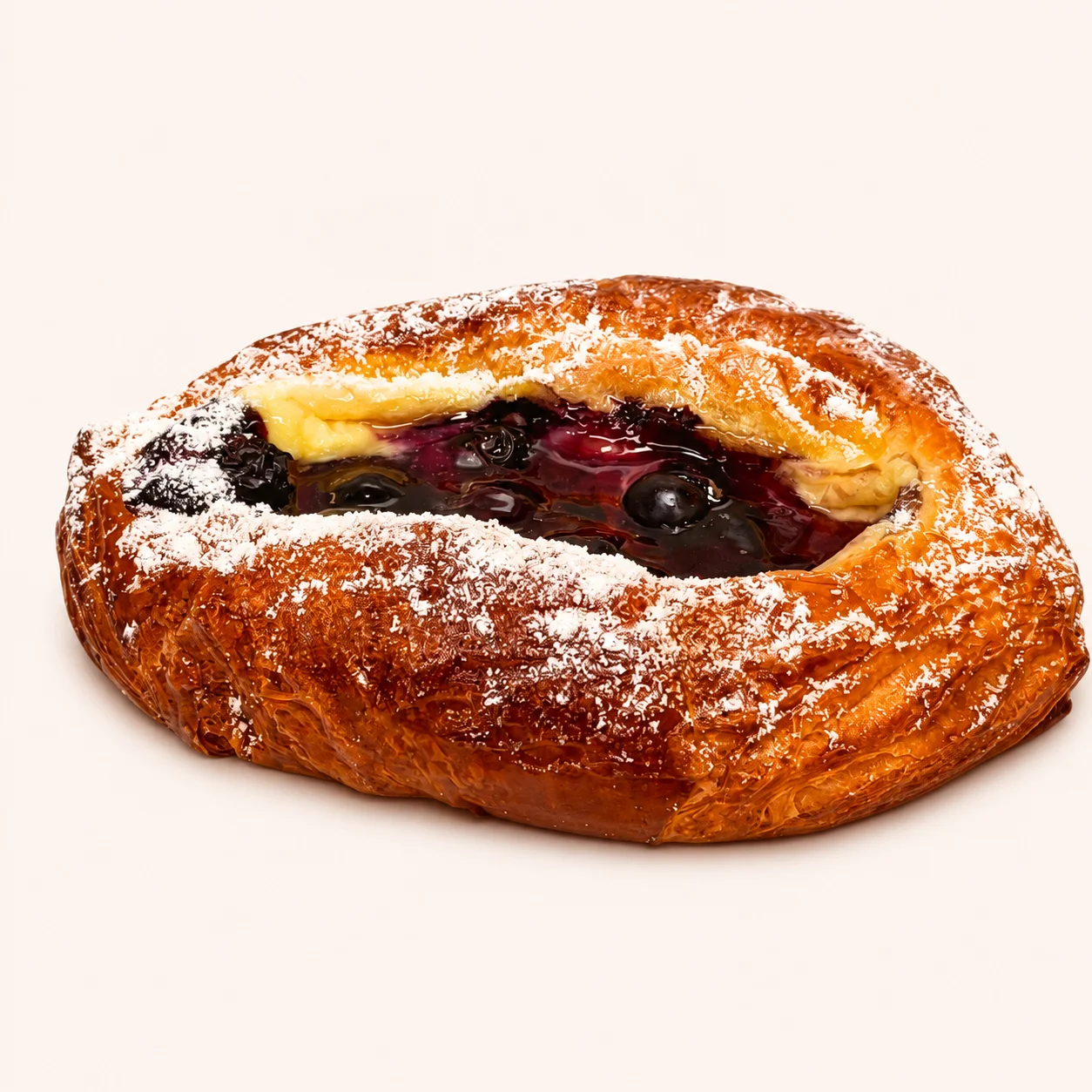A delicious blueberry pastry with a golden-brown crust, filled with a creamy custard and topped with powdered sugar.