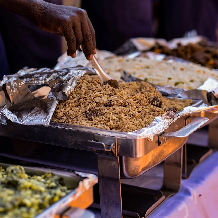 Nigerian jollof rice served at a buffet