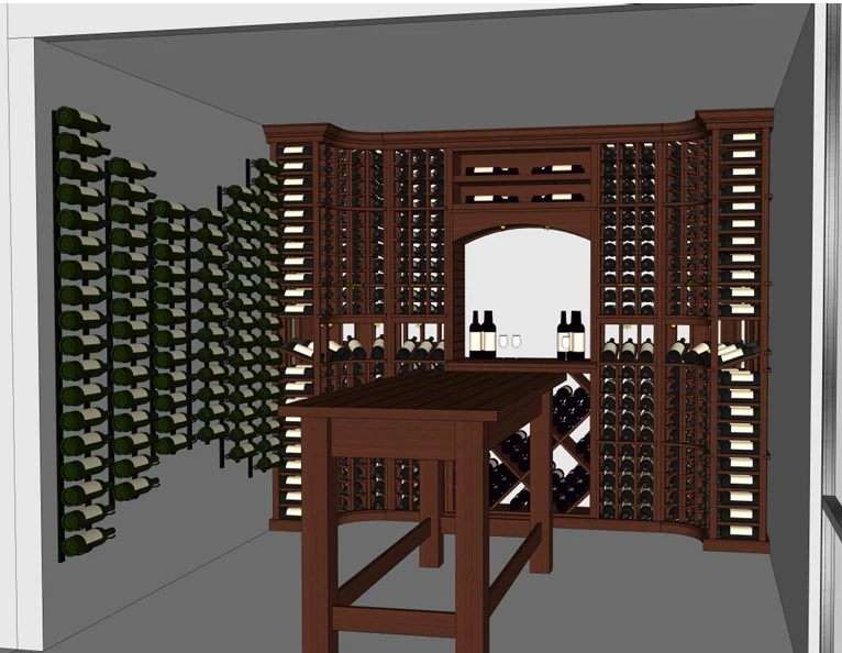 Elegant wine cellar design featuring wooden racks and tasting table