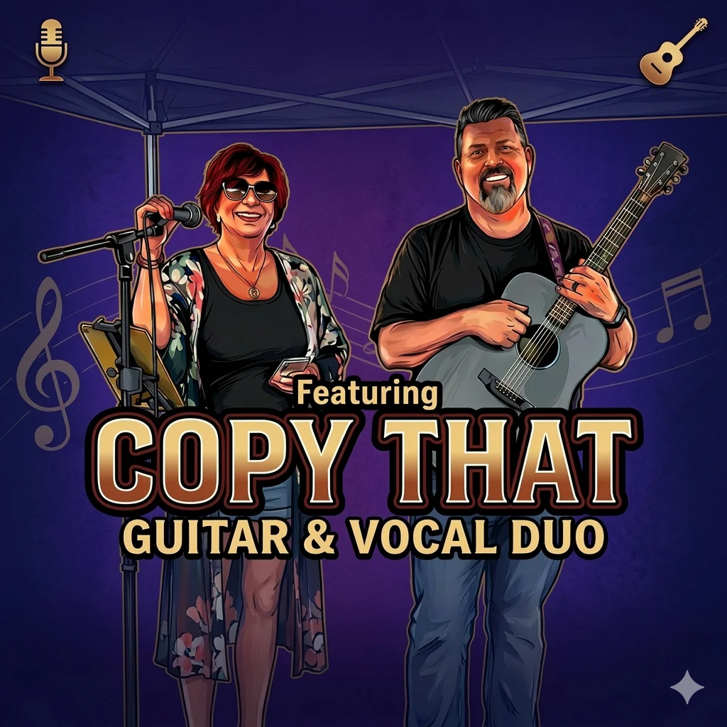 Illustration of a guitar and vocal duo named 'Copy That' performing.