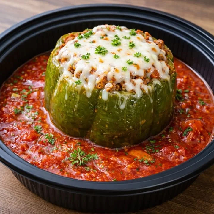 A stuffed bell pepper filled with meat and topped with cheese, sitting in a rich tomato sauce, served in a black container.