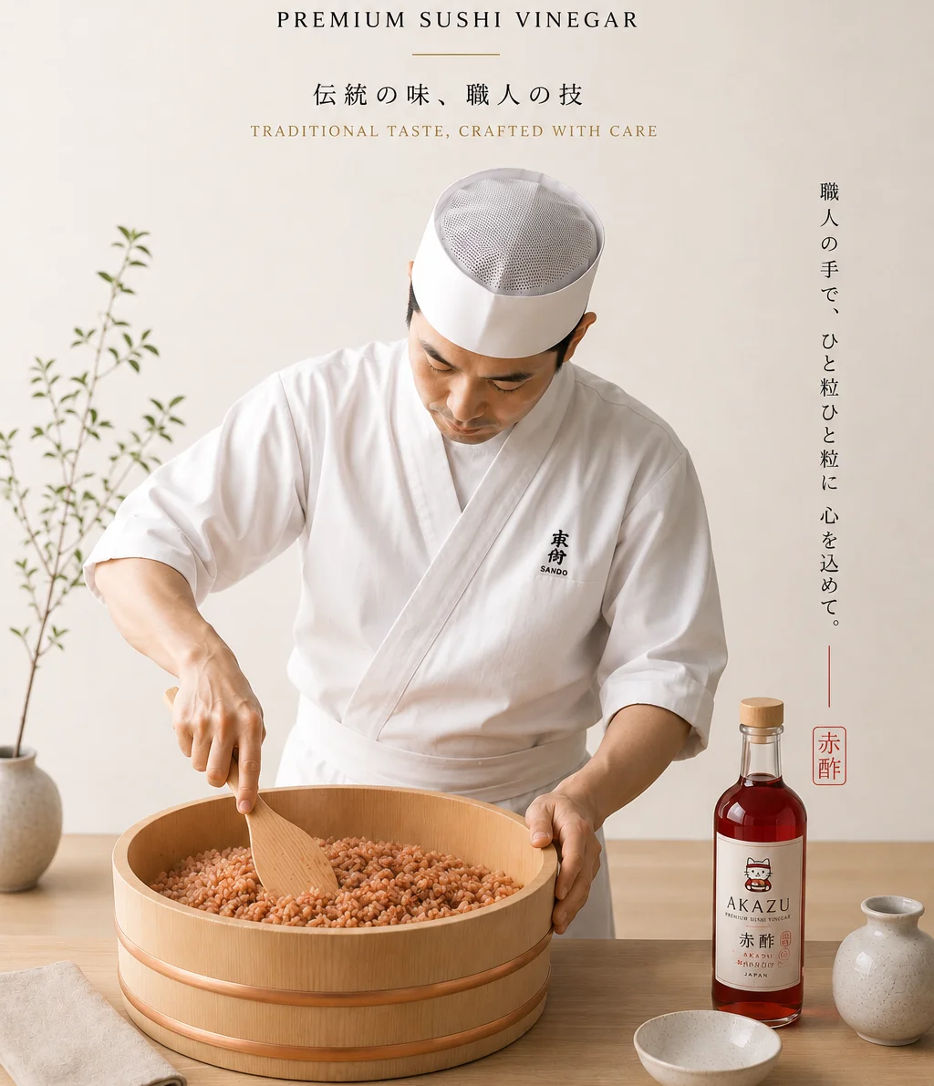 Chef preparing sushi rice with AKAZU premium sushi vinegar.
