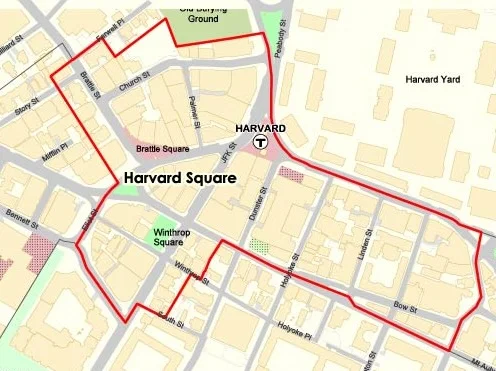 Map of Harvard Square with marked boundaries