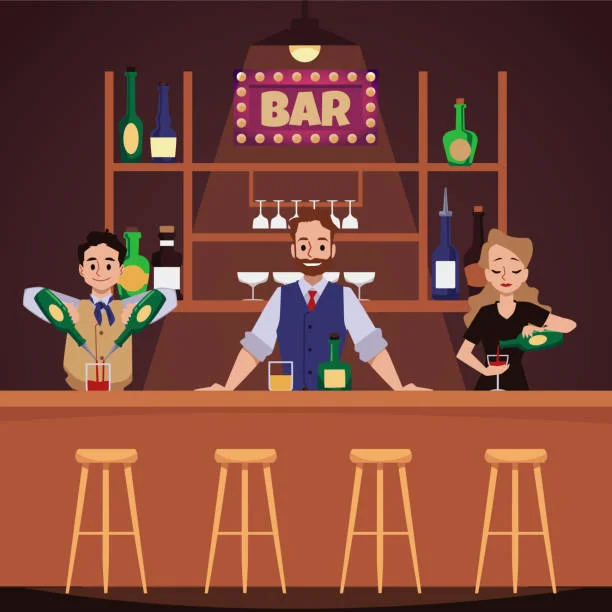 Bartenders mixing cocktails at a vibrant bar