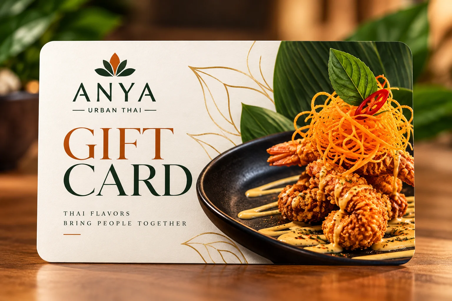 Thai restaurant gift card featuring a plated crispy appetizer