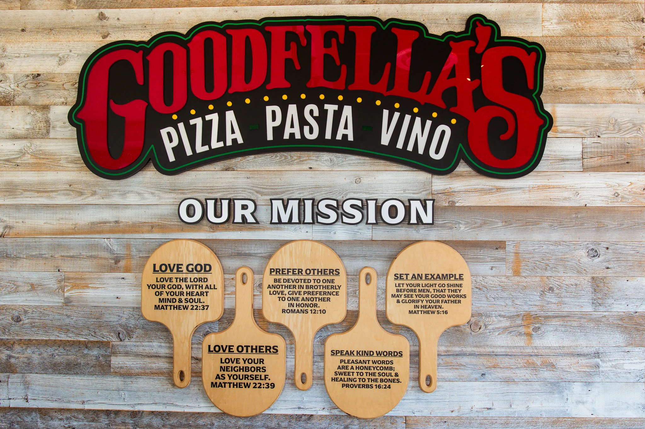 Restaurant mission statement display at Goodfella's Pizza