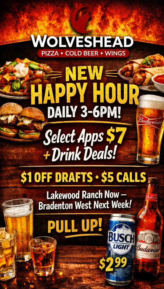 Happy hour food specials at Wolveshead restaurant
