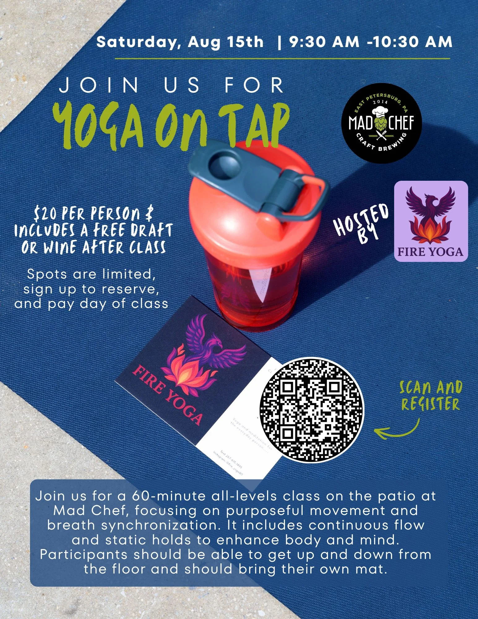 Yoga class on patio with water bottle and promotional materials