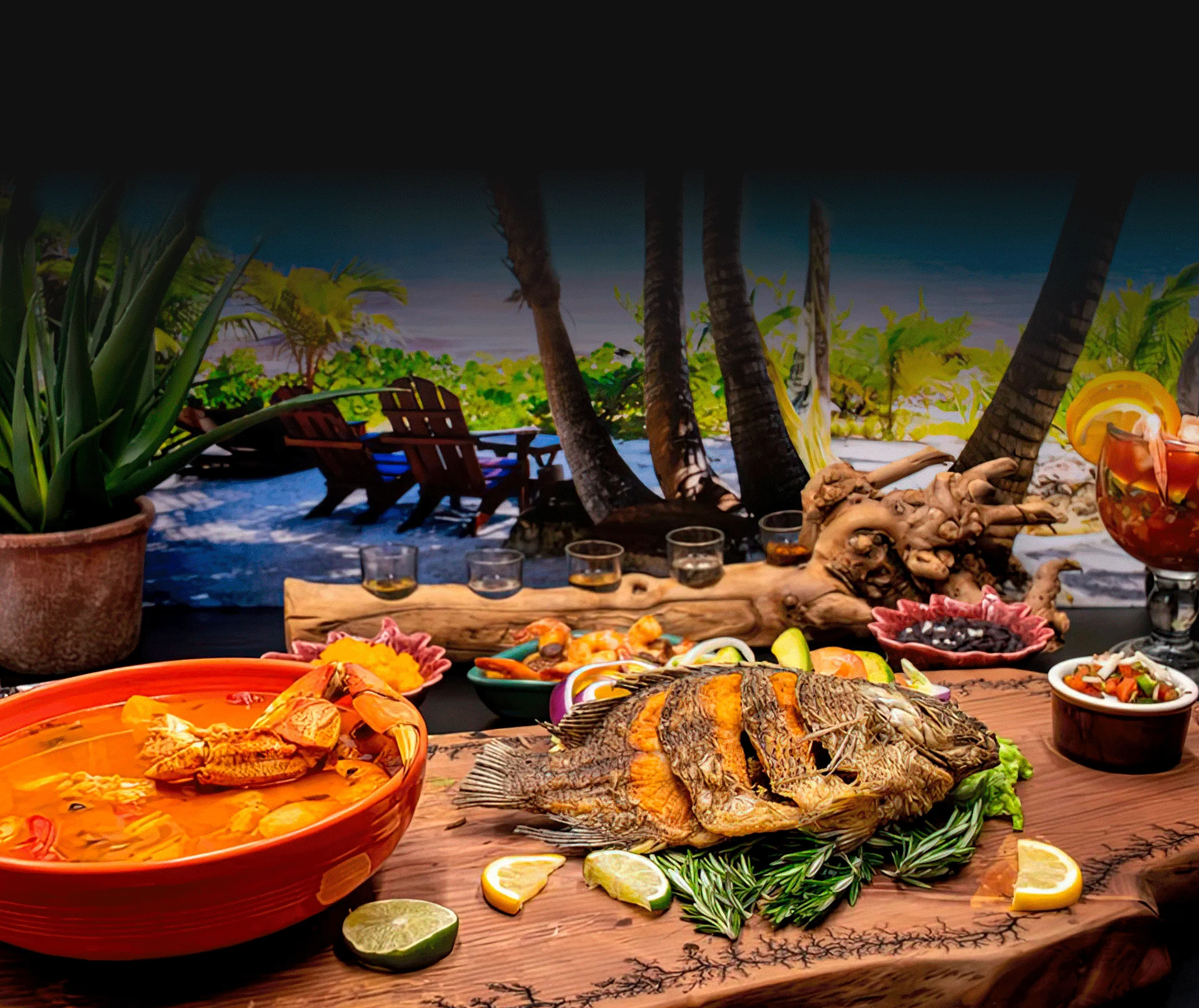 A table full of seafood dishes with a beach on the background