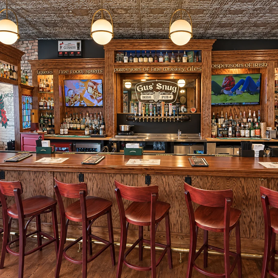 Warm wood interior and traditional pub seating at Gus’ Snug Irish Pub in downtown Clawson.