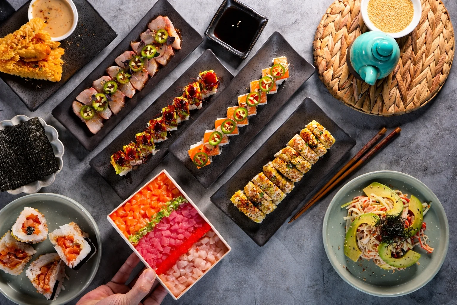 Assorted sushi platter featuring colorful rolls and sashimi