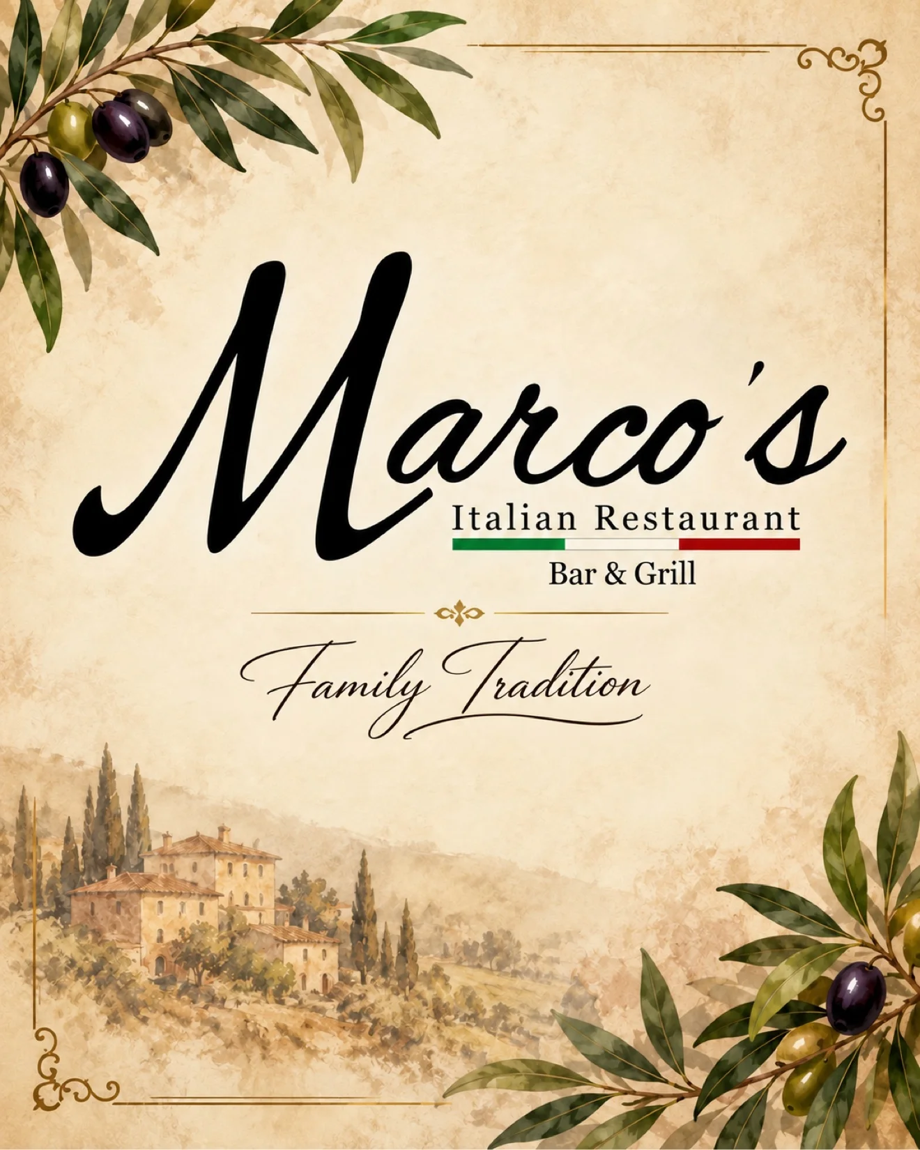 Elegant Italian restaurant logo with olive branches and Tuscan countryside illustration