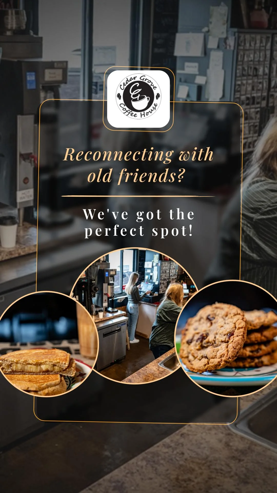 A coffee shop scene with images of cookies, sandwiches, and people engaging at the counter.
