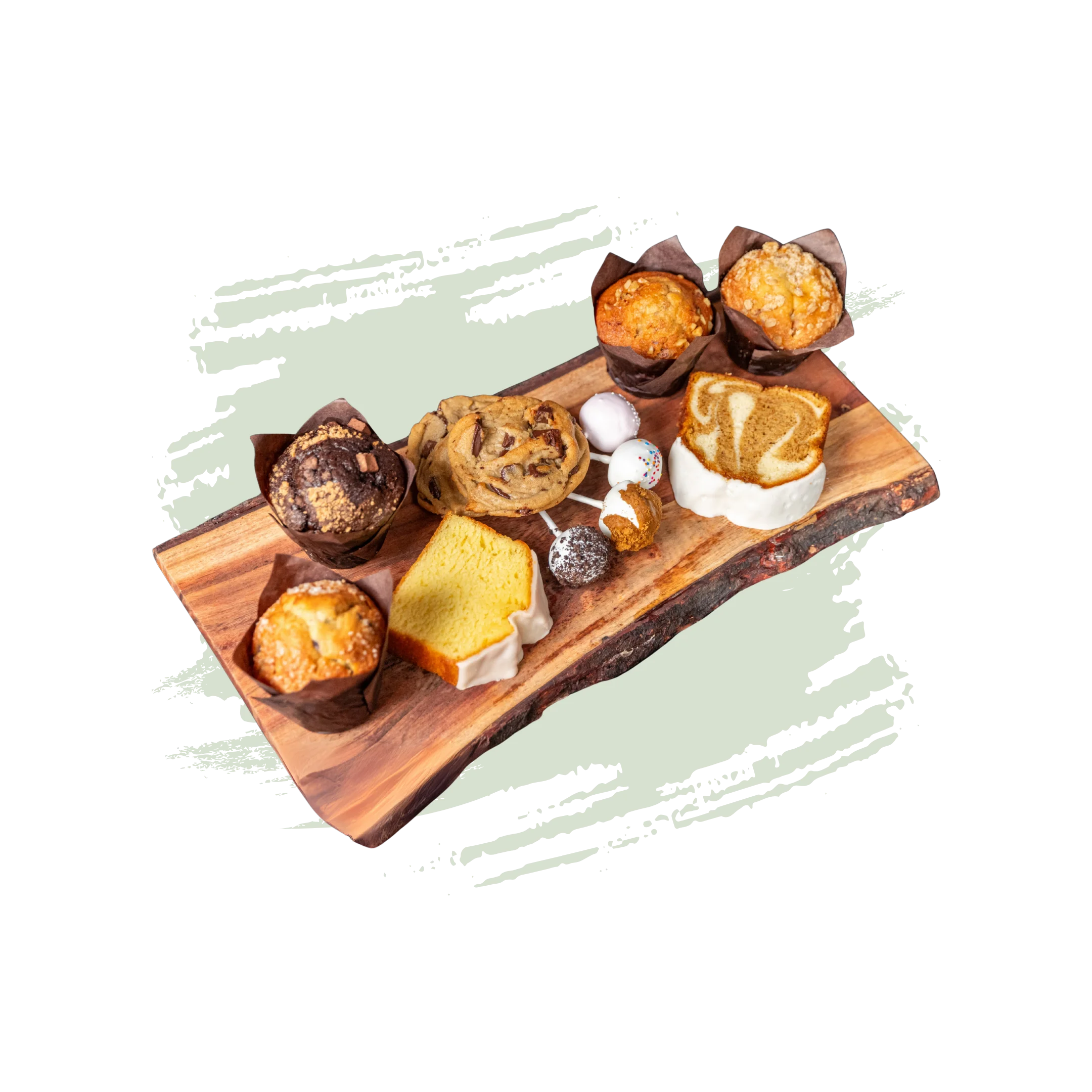 Assorted bakery treats on a wooden platter