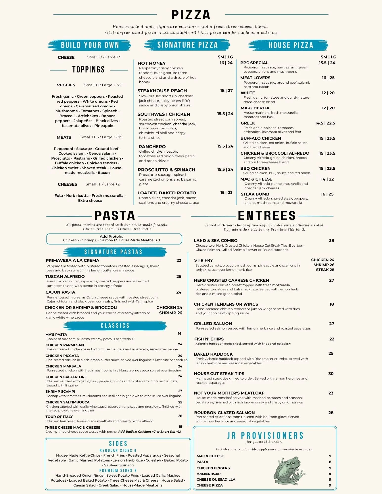 Menu showcasing a variety of pizzas and pastas in a restaurant setting