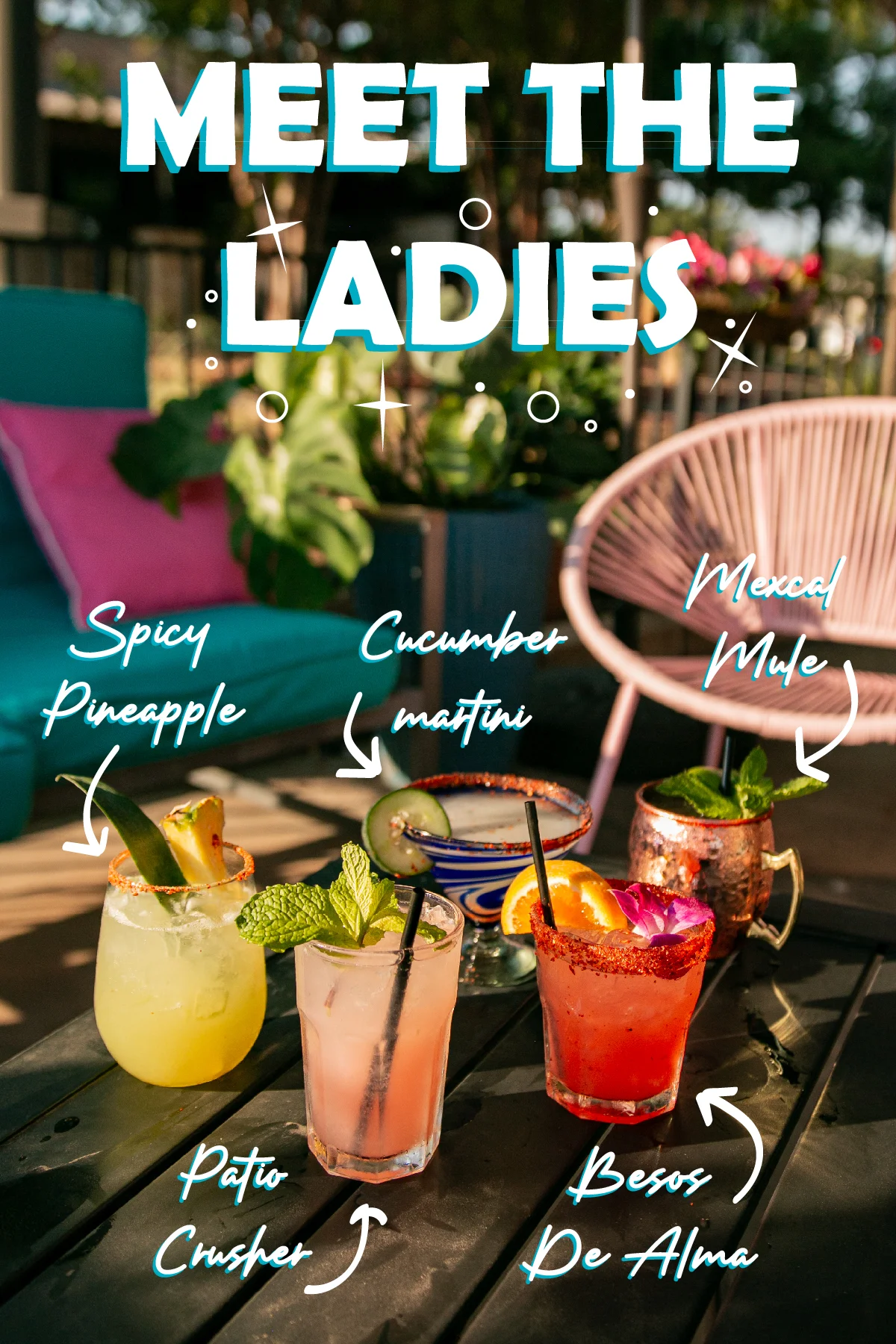 Colorful cocktails on a table at a vibrant outdoor bar