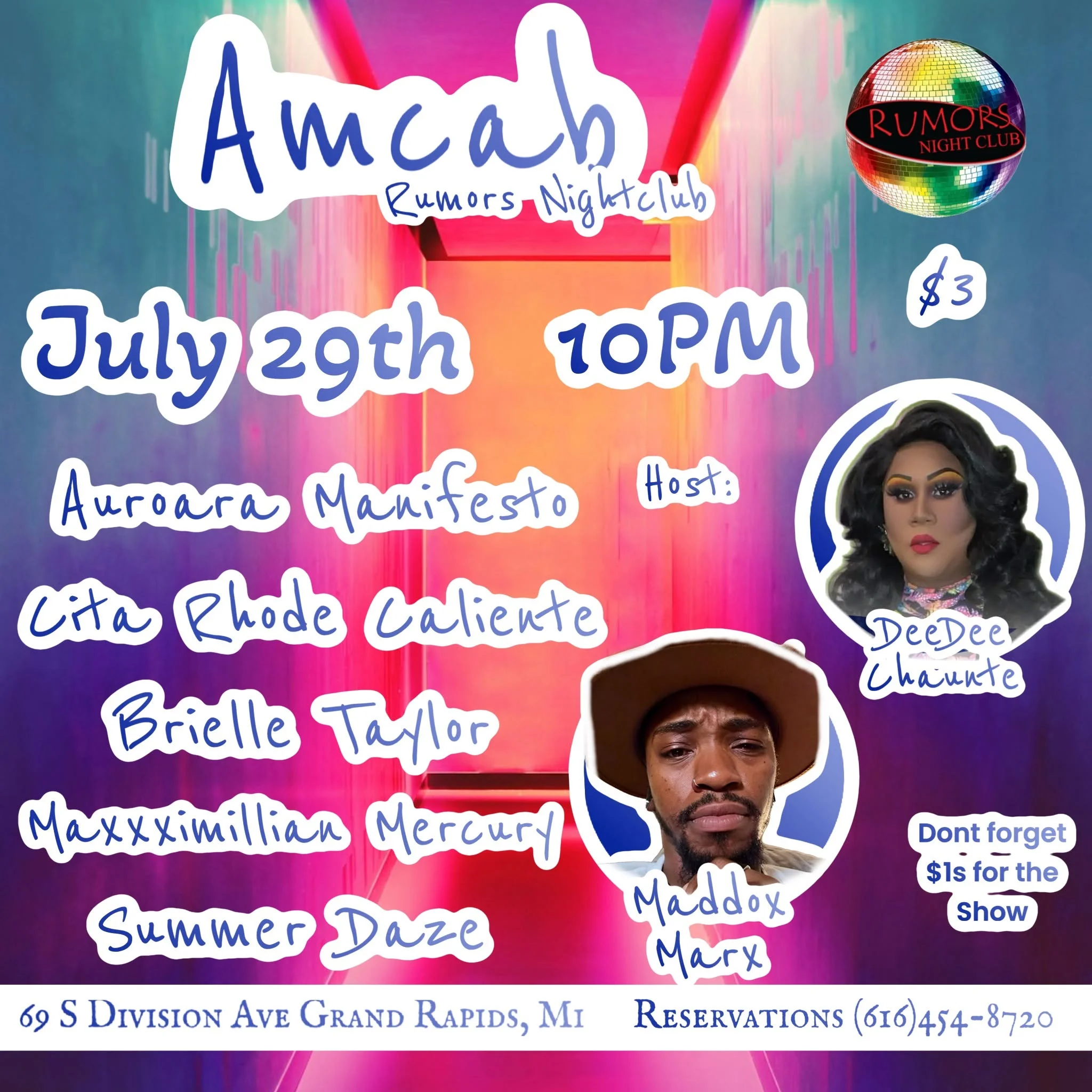 Event flyer for Amcab at Rumors Nightclub featuring drag performances