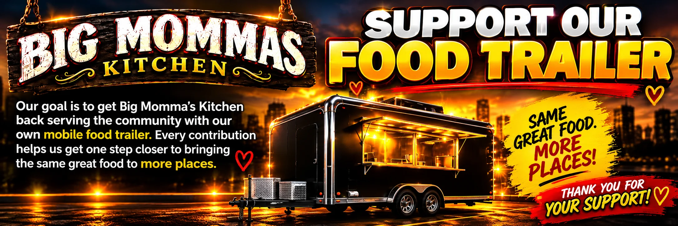 Restaurant fundraising graphic featuring a mobile food trailer and bold typography