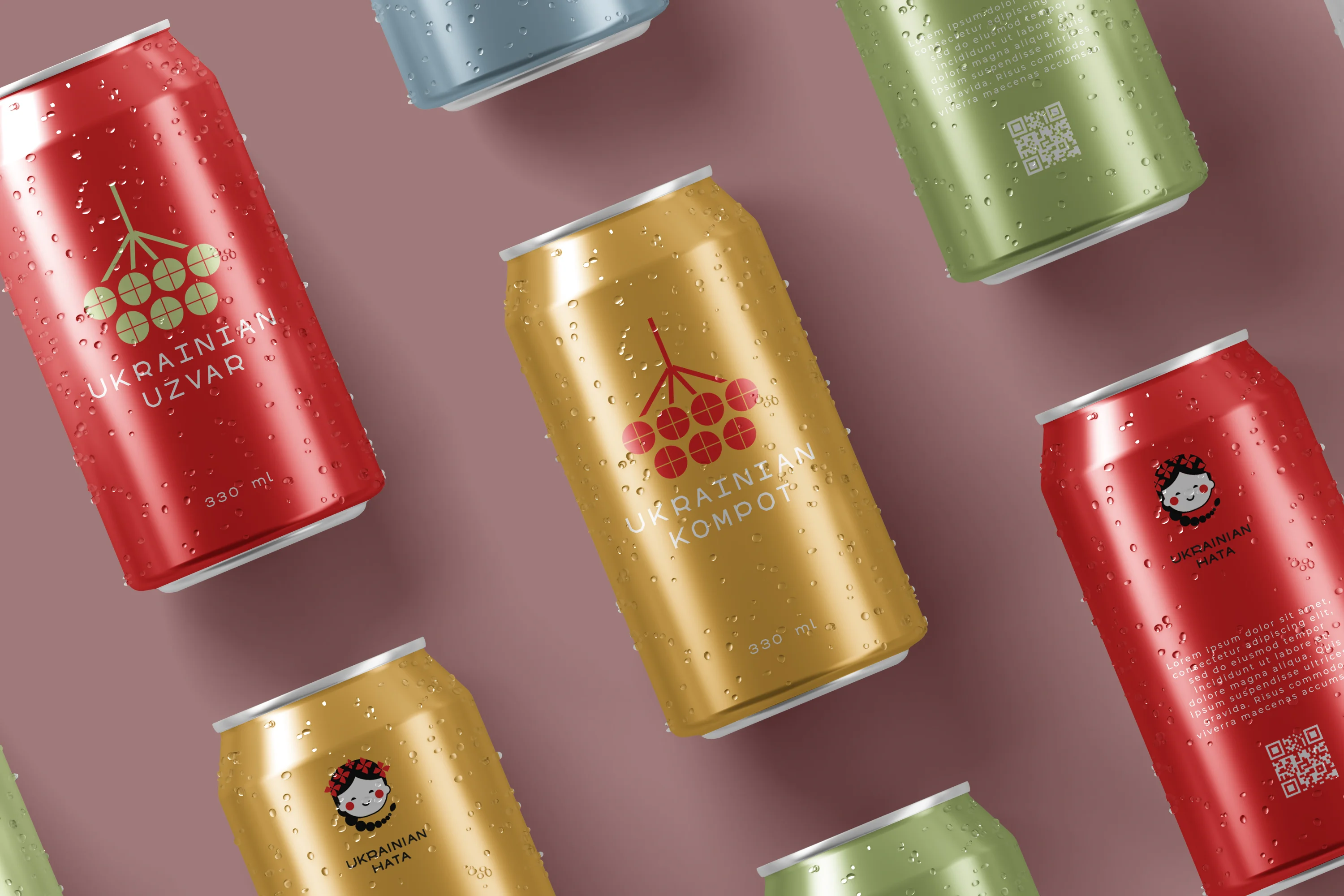 Cans of Ukrainian uzvar and kompot beverages on a pink background