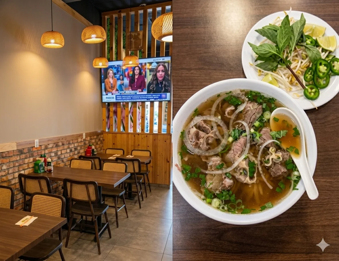 Cozy restaurant interior with pho and fresh herbs on a table.