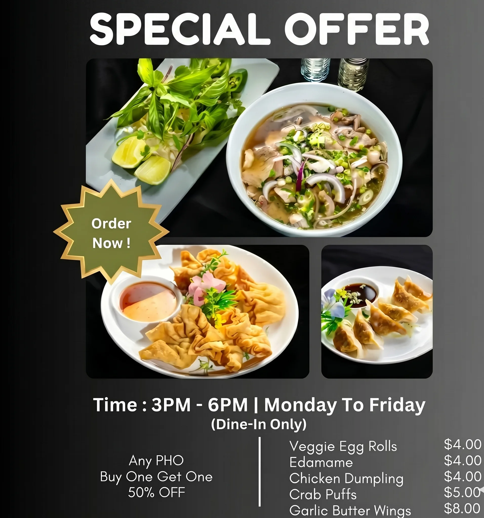 Special offer menu with pho and appetizers, dine-in only, 3PM-6PM.