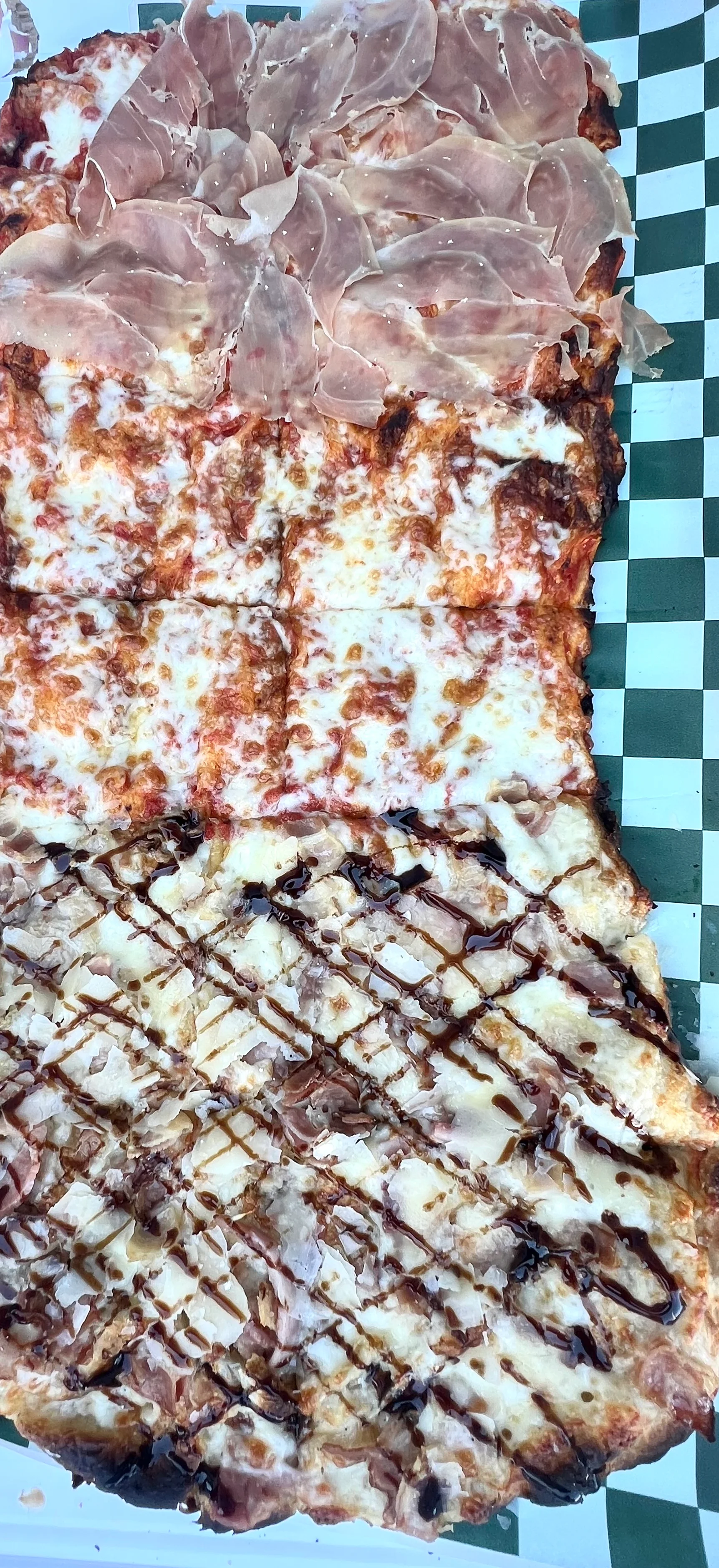 Gourmet flatbread pizza with prosciutto and barbecue chicken