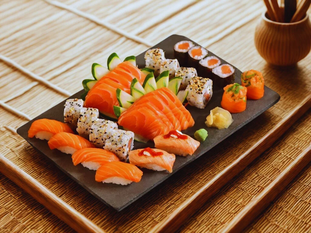 Assorted Japanese sushi platter with fresh salmon and rolls