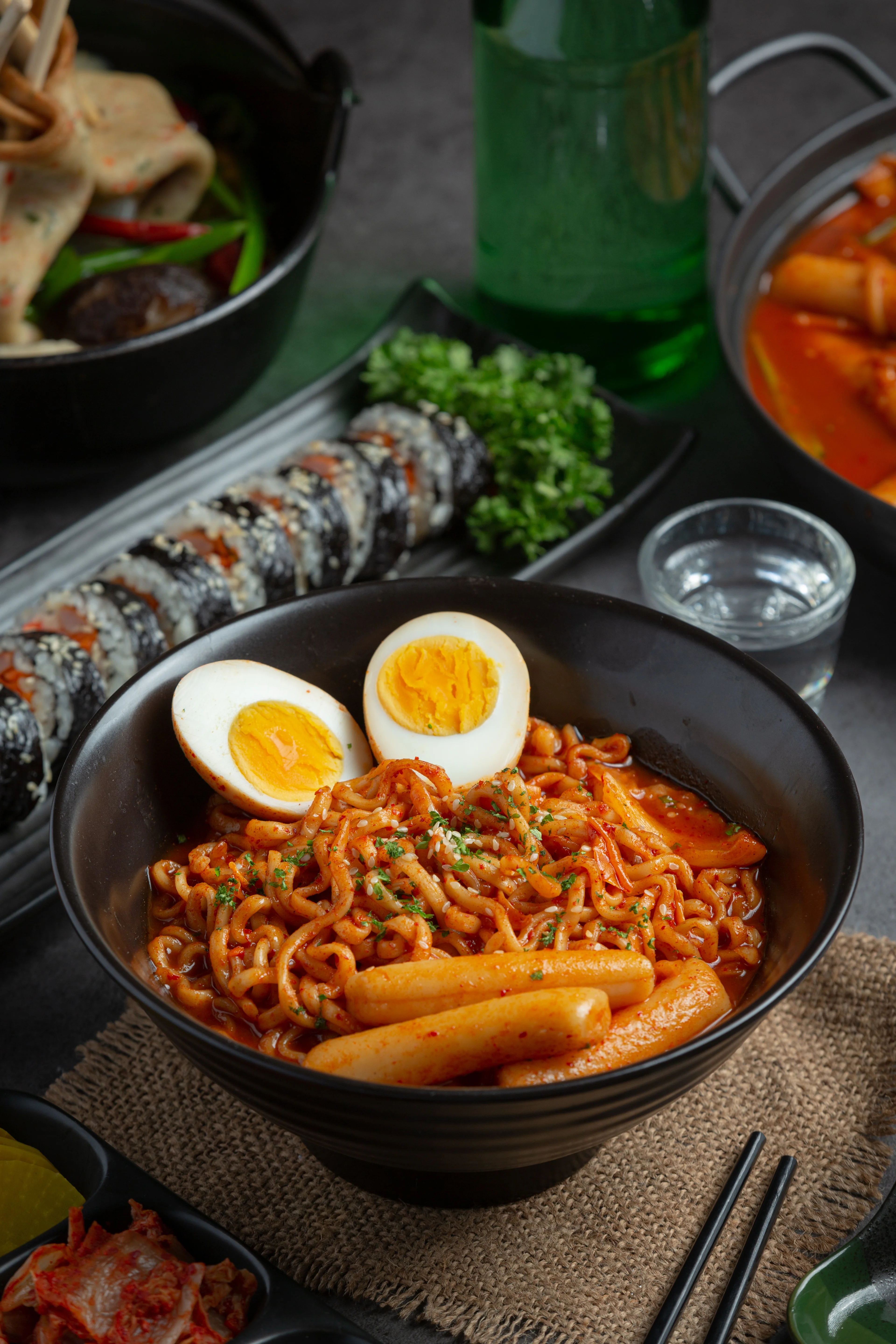 Korean tteokbokki with noodles and soft-boiled eggs