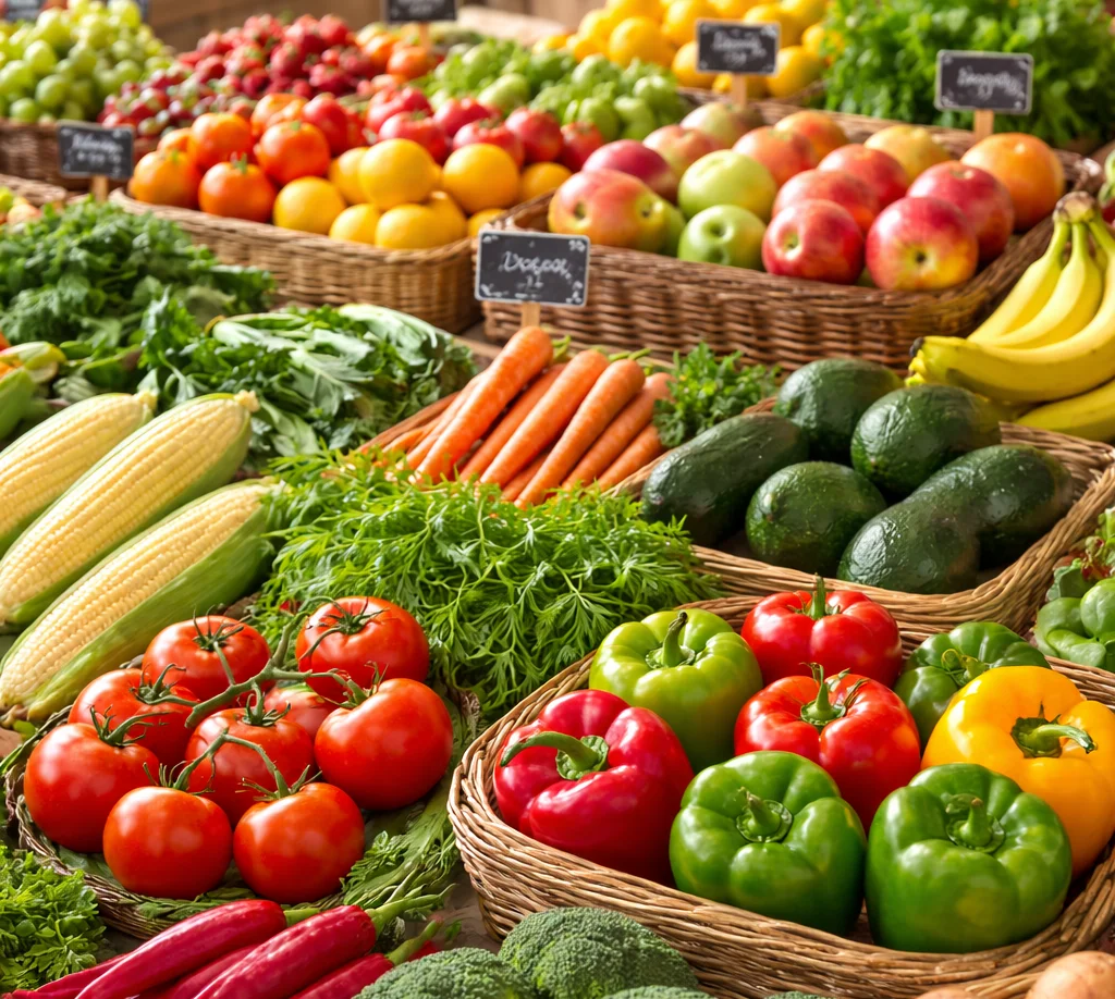Vibrant display of fresh vegetables at a local market