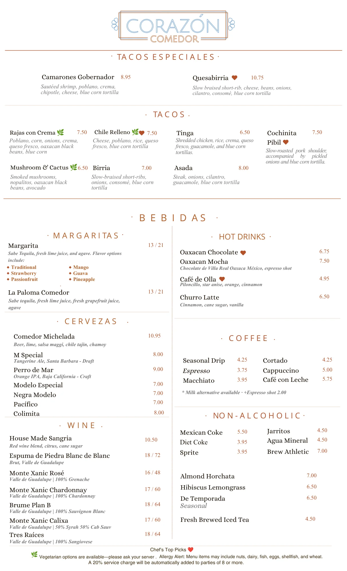 Menu featuring traditional Mexican tacos and beverages