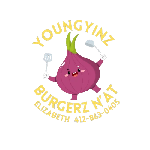 Playful logo for YoungYinz Burgerz N'at featuring a cartoon onion chef