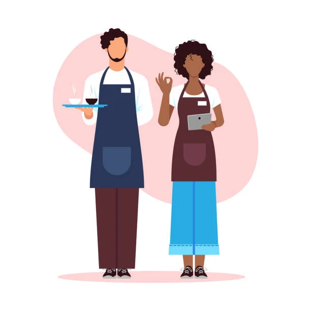 Two restaurant staff members in aprons, one serving coffee and the other using a tablet