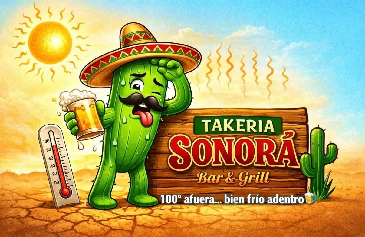 Colorful logo of Takeria Sonora Bar & Grill featuring a cheerful cactus character