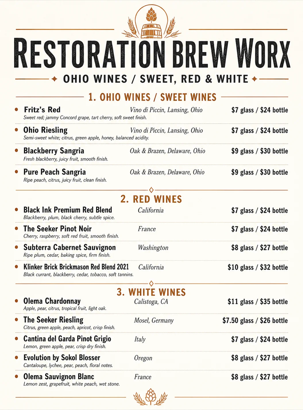Ohio wines, Red Wines, White Wines - Menu - Restoration Brew Worx Delaware Ohio