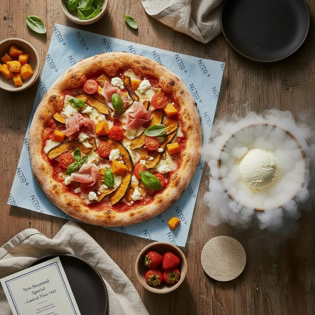 A gourmet pizza topped with slices of butternut squash, cherry tomatoes, prosciutto, and dollops of ricotta, garnished with fresh basil. Served with a dessert of ice cream in a bowl emitting vapor.